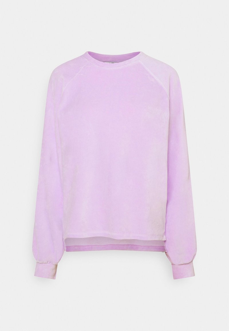 Felpa lunga viola chiaro con maniche lunghe, collo tondo, maniche raglan e orlo leggermente arrotondato. Tessuto morbido con dettagli di design minimi.