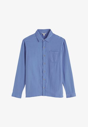 Hellblaues langärmliges Hemd aus weichem Stoff mit Knöpfen. Es verfügt über einen Kragen, eine Brusttasche und sechs Knöpfe auf der Vorderseite.