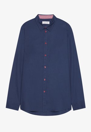 Marineblauw overhemd met lange mouwen en een kraag, uitgerust met rode knopen en een innerlijke kraag trim in ruitpatroon. Gladde textuur, rechte snit.