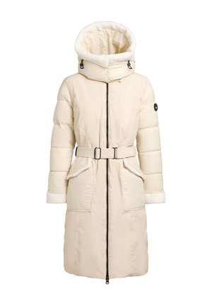 Doudoune beige clair, dotée d'un col montant, d'une capuche ajustable, d'une fermeture éclair avant, d'une ceinture à la taille et de poches latérales bordées de polaire.