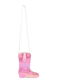 Borsa a forma di stivale da cowboy rosa con motivi a stella. Realizzata in materiale lucido, presenta un accento a forma di cuore, una tracolla rosa e un tacco definito.