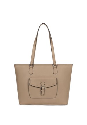Sac fourre-tout en cuir beige avec deux bretelles et une poche avant équipée d'une fermeture à boucle.