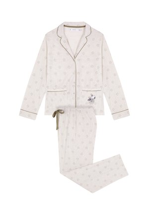 Schlafanzugset aus hellcremigem Stoff mit einer strukturierten Musterung kleiner Blumen. Kontrastierende Paspelung, heute Hemd mit Knöpfen und Hose mit elastischem Bund und Kordelzug.