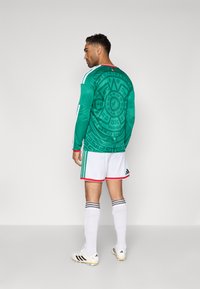 Camisola de futebol de manga longa verde com design gráfico preto, calções brancos com acabamentos vermelhos, meias brancas e chuteiras. Acentos listados nas mangas.