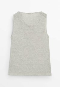 Light gray knitted sleeveless sweater vest with a round neckline, flat on a white background.