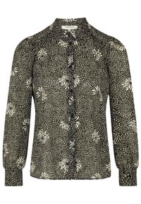 Blouse à motif floral noir et blanc avec un col haut, des manches longues et une fermeture à boutons sur le devant. Fabriquée en tissu léger.