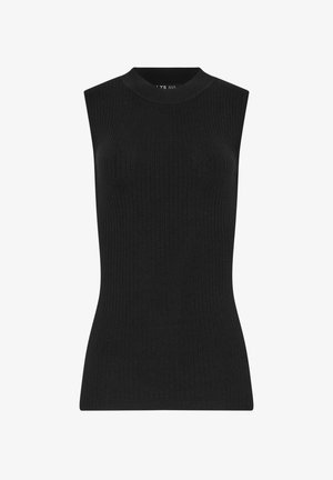 Zwarte mouwloze ribgebreide top met een hoge halslijn, getailleerde silhoette en een gladde textuur. Geen zichtbare patronen of accenten.