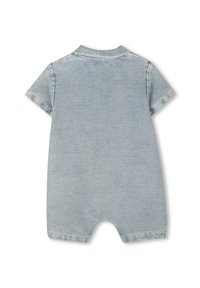 Denim playsuit in lichtblauw, met korte mouwen en een kraag. Soepele textuur met gestikte details en een open onderkant.