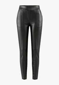 Black faux leather pants with a slim fit, featuring a smooth texture, front seams, and no visible pockets or hardware details.