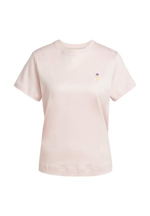 T-shirt di cotone rosa con maniche corte, caratterizzata da un piccolo design ricamato sul lato sinistro del petto. Tessuto liscio, taglio a girocollo.