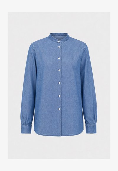 Μπλε πουκάμισο denim με μακριά μανίκια, με μανταρίνι γιακά και κουμπιά μπροστά, με μανσέτες με κουμπιά και ίσια ραφή στο κάτω μέρος.