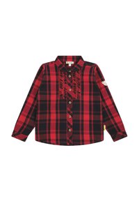 Camicia a maniche lunghe a quadri rossi e neri con un davanti arricciato, chiusura con bottoni e un logo di un orso sulla manica. Realizzata in tessuto con una leggera trama.
