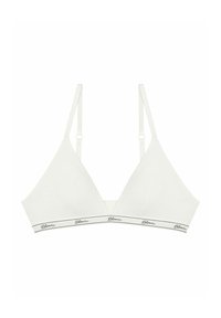 Biała braletka o trójkątnym kształcie, z cienkimi regulowanymi ramiączkami i czarną taśmą z logo na dole. Miękka tekstura materiału.