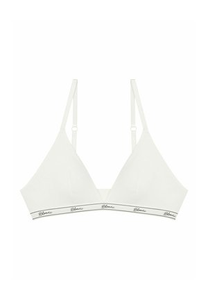 Biała braletka o trójkątnym kształcie, z cienkimi regulowanymi ramiączkami i czarną taśmą z logo na dole. Miękka tekstura materiału.