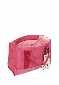 Bolsa de lona rosa con motivos de colibrí, base rosa sólida, dos asas y un interior con estampado que incluye un bolsillo con cremallera y una etiqueta.