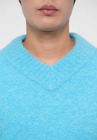 Lichtblauwe, textuurgeweven wollen sweater met een diepe V-hals. Zacht, fluffy materiaal met zichtbare vezels en een casual, ontspannen pasvorm.