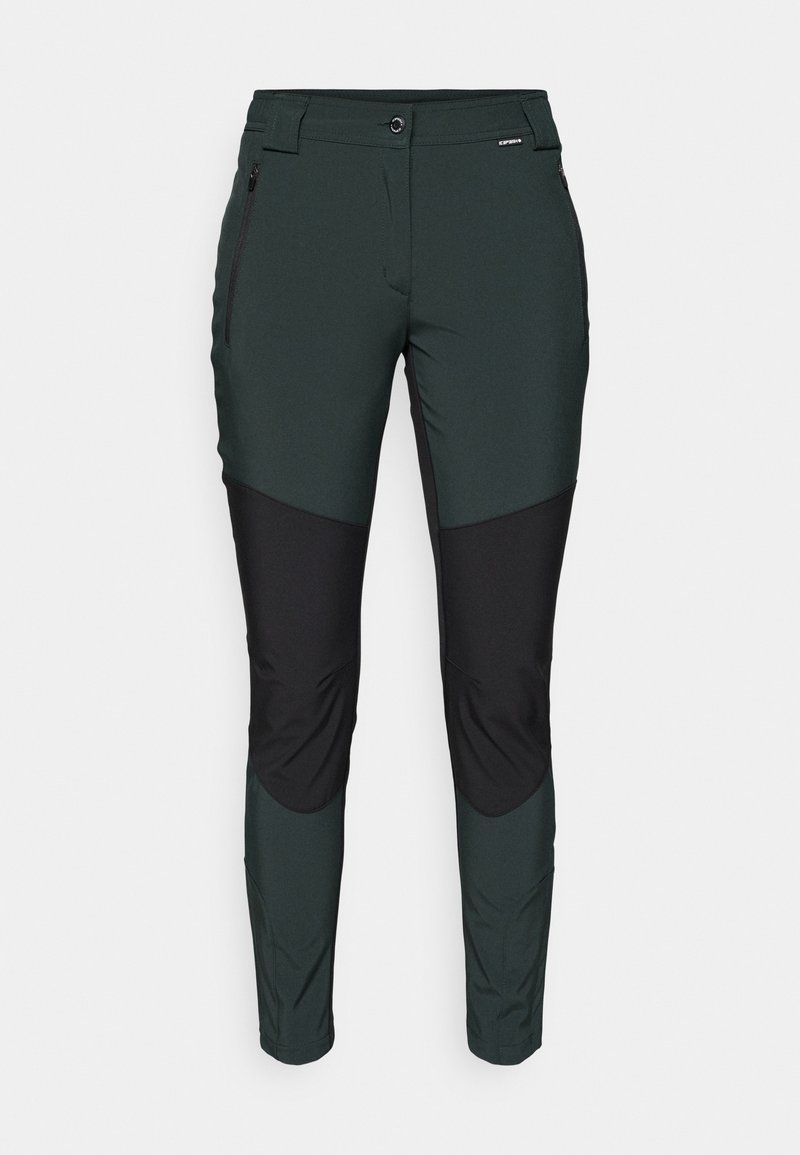 Ciemnozielone i czarne spodnie na zewnątrz, wykonane z elastycznego materiału. Posiadają kieszeń na zamek, płaski pas i kontrastowe panele w designie.