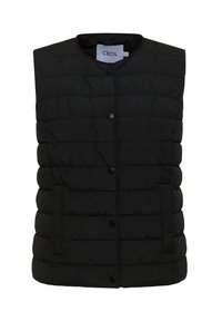 Gilet senza maniche nero dal design trapuntato, dotato di scollo rotondo, chiusura frontale con bottoni e due tasche laterali.
