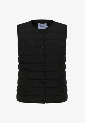 Black sleeveless puffer vest with a quilted design, featuring a round neckline, front button closure, and two side pockets.
