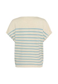 Top beige de manga corta con rayas horizontales en azul claro en la espalda y las mangas, corte holgado y dobladillo recto.