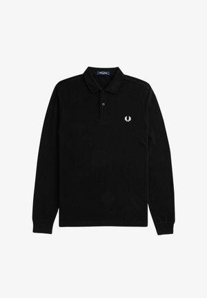 Polo negro de manga larga con tapeta de dos botones y pequeño logo de laurel bordado en blanco en el pecho izquierdo.