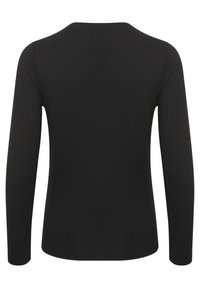 Long-sleeved black top with a round neckline, made from a smooth, lightweight fabric. Features a fitted design and no visible embellishments.