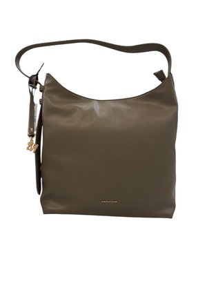 Borsa a spalla in pelle verde scuro con una texture liscia, una lunga tracolla regolabile e un dettaglio del logo in tonalità oro sulla parte frontale.