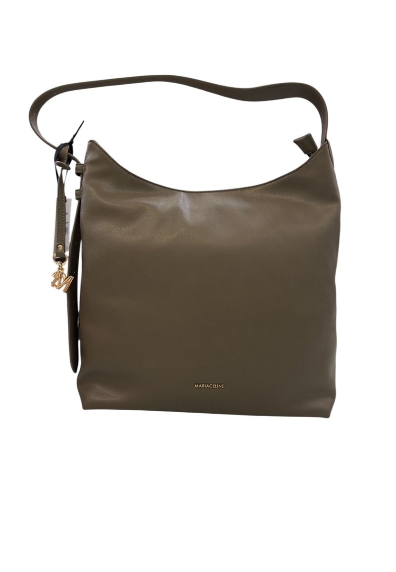 Borsa a spalla in pelle verde scuro con una texture liscia, una lunga tracolla regolabile e un dettaglio del logo in tonalità oro sulla parte frontale.