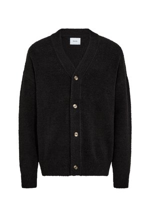 Schwarze Strickjacke mit Knopfleiste, V-Ausschnitt, langen Ärmeln, gerippten Bündchen und Saum, gefertigt aus strukturiertem Strickstoff.