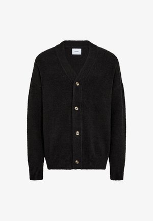 Black button-up cardigan with V-neck, long sleeves, ribbed cuffs, and hem, made from a textured knit fabric.