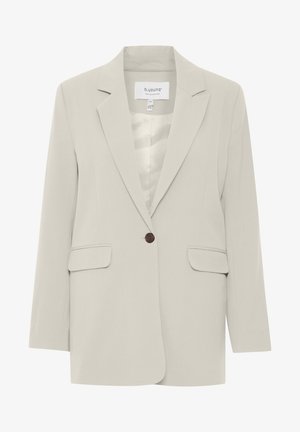 Light gray blazer with a notched lapel, single brown button closure, and two front pockets. Made of a smooth fabric with a tailored fit.