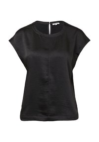 Haut noir à manches courtes avec un col rond, en tissu texturé, et un détail de dos en trou de serrure. Présente un ourlet droit et des coutures minimales.