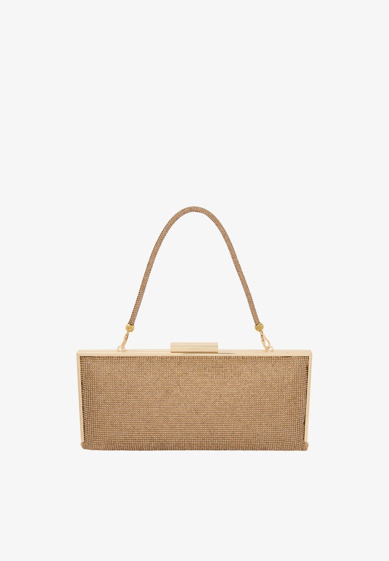 Metalen gouden clutch tasje met een geweven tan textuur, voorzien van een korte handgreep en een klipsluiting, rechthoekige vorm. Lichtgewicht ontwerp.