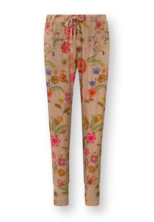 Linnen broek met een beige basis en kleurrijke bloemenborduursels in roze, oranje, blauw en groen. Beschikt over een elastische tailleband en omgeslagen broekspijpen.