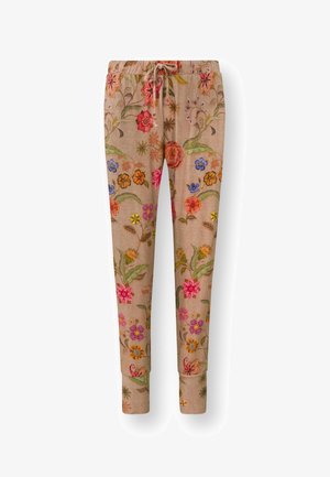 Leinenhose mit beiger Basis und buntem Blumenstickerei in Pink, Orange, Blau und Grün. Mit elastischem Bund und umgeschlagenen Säumen.