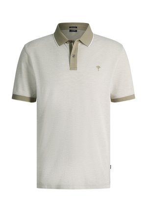 Beżowa koszulka polo z krótkim rękawem, kontrastującym kołnierzykiem, mankietami na rękawach, plisą na dwa guziki oraz małym haftowanym logo na lewej piersi.
