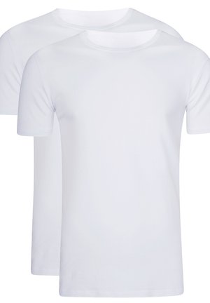 Two plain white t-shirts made of soft cotton, featuring short sleeves, a round neckline, and a straight fit design.