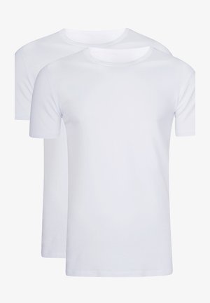 Du kplainiai balti marškinėliai iš minkštos medvilnės, su trumpomis rankovėmis, apvaliu kaklu ir tiesiu siluetu.