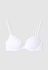 Seno bianco imbottito con spalline regolabili, coppe lisce e chiusura a gancio sul retro. Tessuto morbido senza motivi o decorazioni visibili.