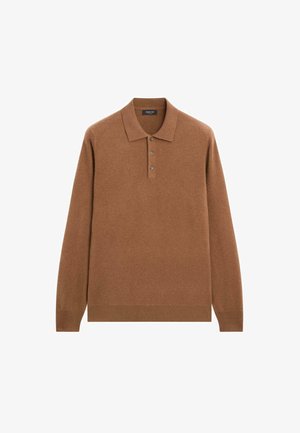 Braunes Langarm-Polohemd aus strukturiertem Stoff. Verfügt über einen klassischen Kragen und eine Drei-Knopf-Leiste. Einfaches Design, keine Muster.