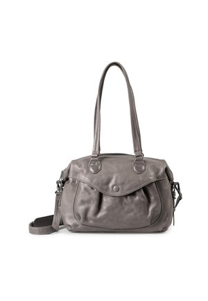 Borsa a mano in pelle grigia con due manici corti, chiusura con zip e tasca frontale plissettata. Dotata di una tracolla staccabile e cuciture sottili.