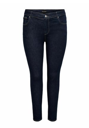 Dunkelblaue Skinny-Jeans aus Denim. Verfügen über fünf Taschen, gelbe Nähte und einen Metallknopfverschluss am Bund.