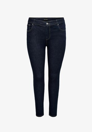 Jeans skinny blu scuro in denim. Presentano cinque tasche, cuciture gialle e una chiusura con bottone di metallo in vita.