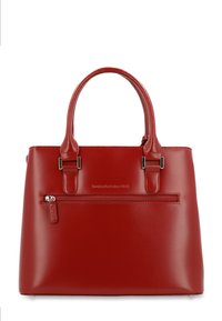 Red leather handbag with two top handles, a zippered pocket on the front, and silver-tone hardware. Smooth texture and structured shape.