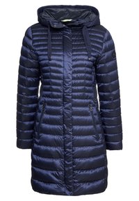 Laivaston sininen topattu takki hupulla, jossa tikattu pinta, vetoketjulliset sivutaskut ja ribbineulotut hihansuut. Hupun säädettävä kiristysnyöri.