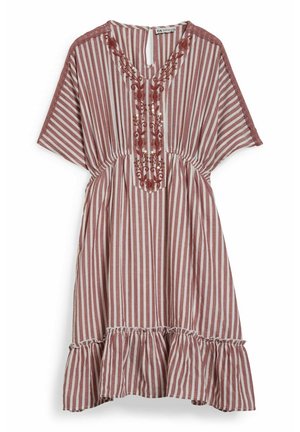 Gestreiftes kurzärmeliges Kleid mit pinken und weißen vertikalen Linien, besticktem V-Ausschnitt, elastischer Taille und Rüschensaum.