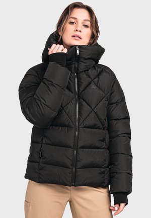 Schwarze gepolsterte Jacke mit hohem Kragen, Reißverschluss und Rautenmuster. Mit umschlagenen Ärmeln und Logodetail.