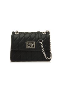 Borsa a tracolla nera trapuntata con catena argentata e placca con logo. Presenta una forma rettangolare e una texture liscia.