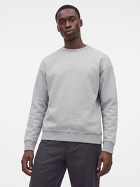Mand iført en enkel lysegrå sweatshirt med lange ærmer og mørke bukser, stående mod en hvid baggrund.