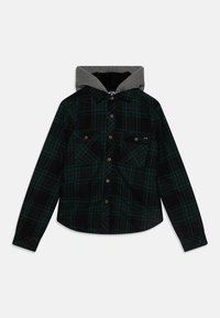 Black and green plaid shirt with a gray hood, featuring a button-up front, two chest pockets, and a soft texture.
